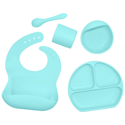 Silicone children's tableware set baby feeding complementary food tableware saliva pocket suction cup bowl spoon dinner plate bib 5-piece set