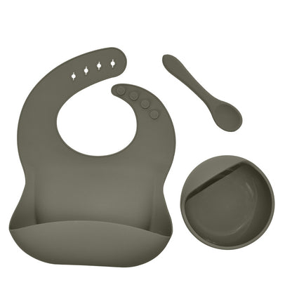 Silicone tableware set baby saliva pocket complementary food bowl children's silicone bib 3-piece set