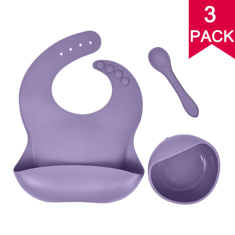 Silicone tableware set baby saliva pocket complementary food bowl children's silicone bib 3-piece set