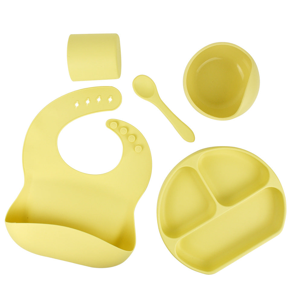 Silicone children's tableware set baby feeding complementary food tableware saliva pocket suction cup bowl spoon dinner plate bib 5-piece set