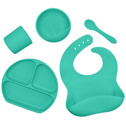 Silicone children's tableware set baby feeding complementary food tableware saliva pocket suction cup bowl spoon dinner plate bib 5-piece set